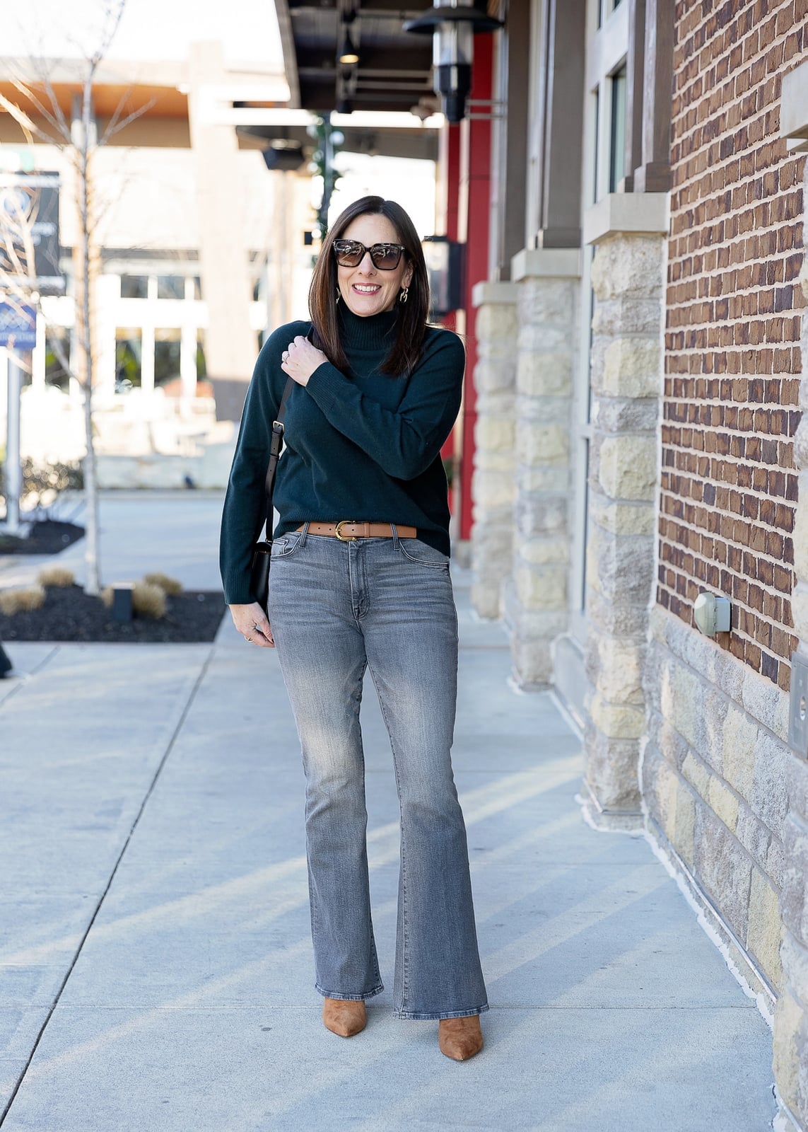 Gray Flare Jeans with Dark Green Turtleneck, Office-Safe Version — Trendy Grey Jeans Outfits