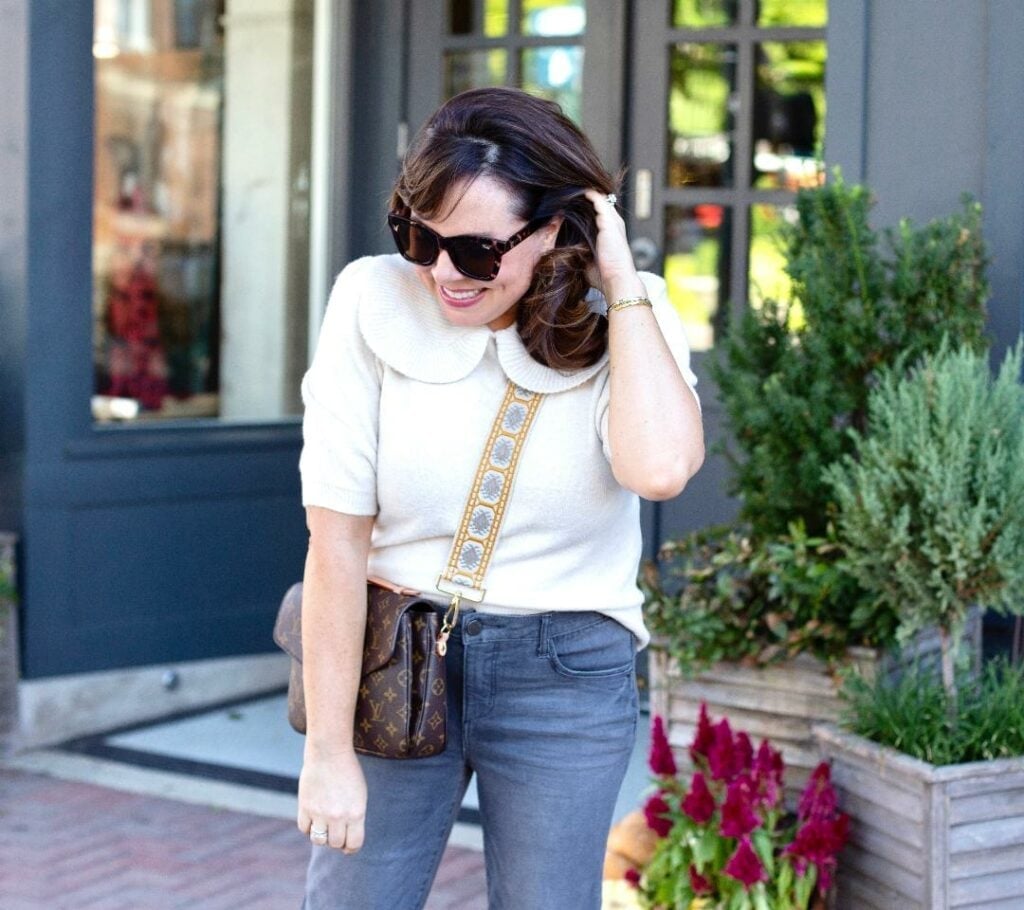 Gray Straight Leg Jeans with Cream Collared Sweater — Trendy Grey Jeans Outfits