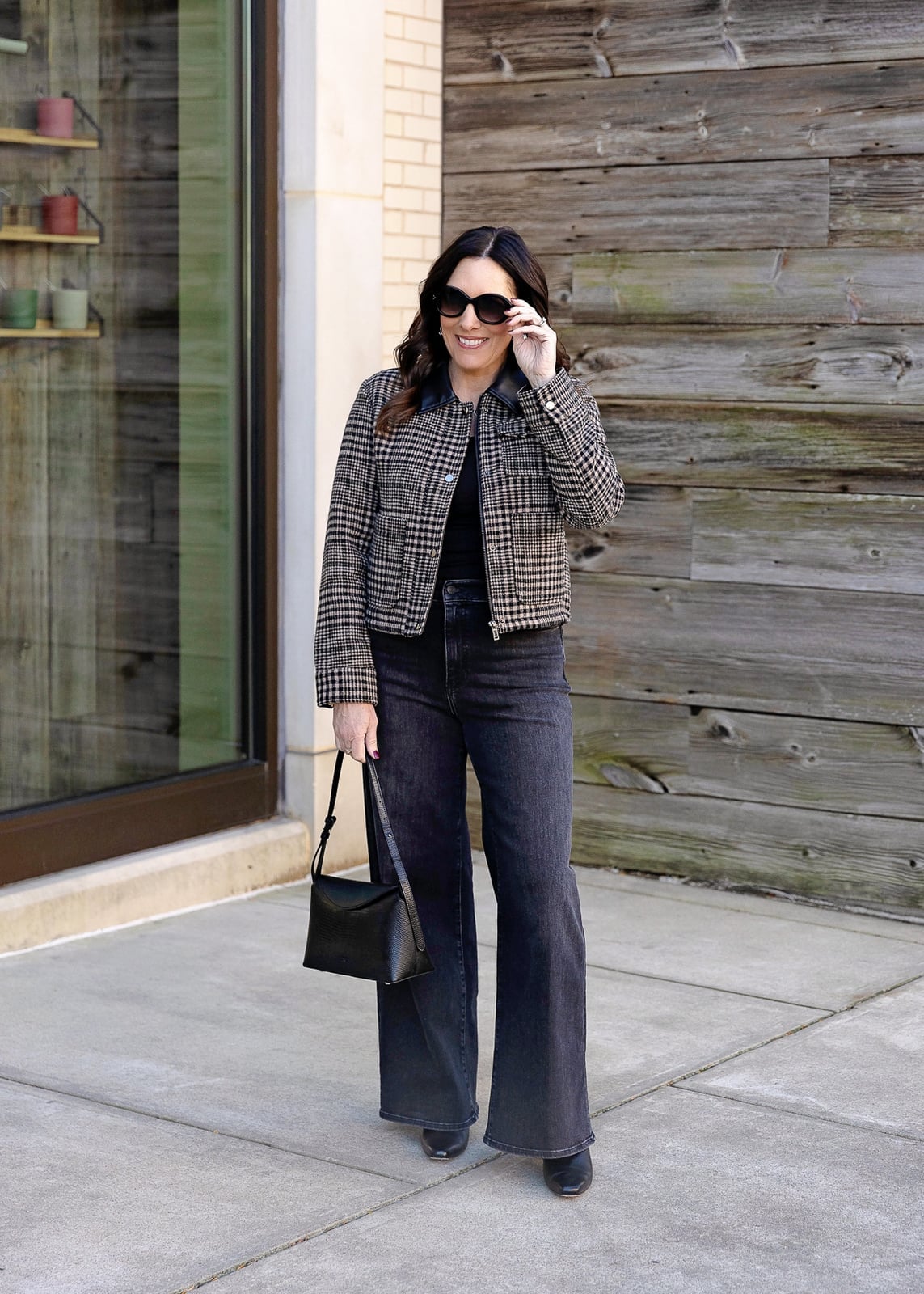 Wide Leg Gray Jeans with Plaid Cropped Jacket — Trendy Grey Jeans Outfits
