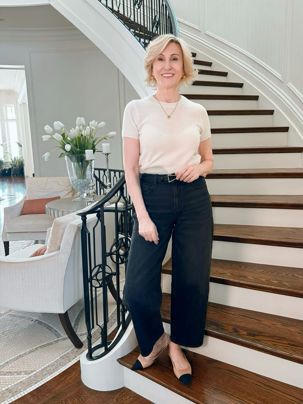 Charcoal Gray Barrel Leg Jeans with Cream Knit Top — Trendy Grey Jeans Outfits