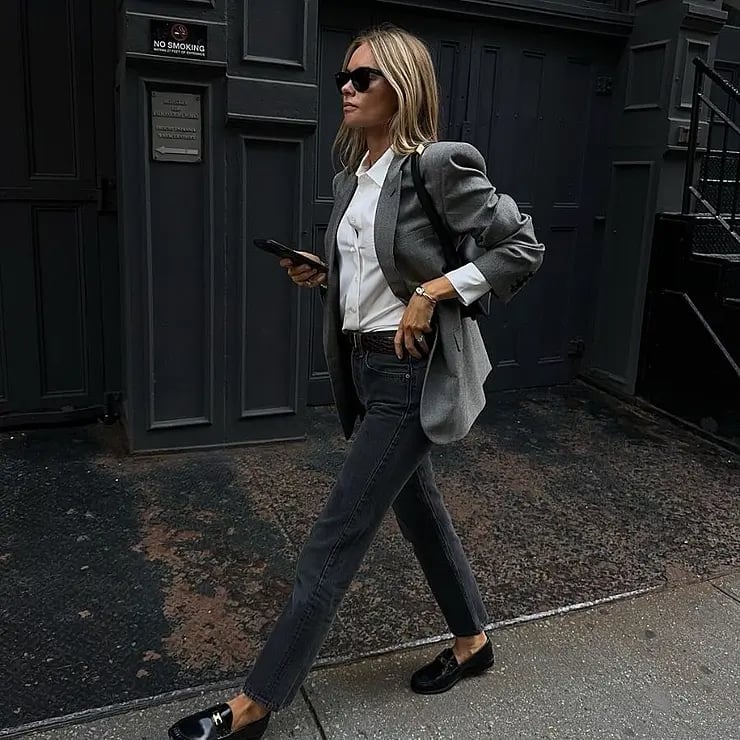 Dark Wash Gray Straight-Leg Jeans with Oversized Blazer — Trendy Grey Jeans Outfits