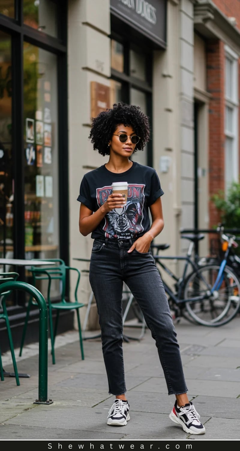 Straight Leg Gray Jeans with a Graphic T-Shirt — Trendy Grey Jeans Outfits
