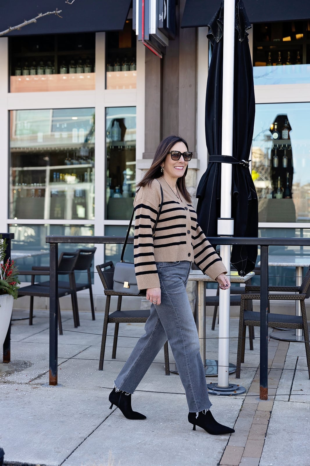 Medium Wash Gray Straight-Leg Jeans with Striped Cardigan — Trendy Grey Jeans Outfits