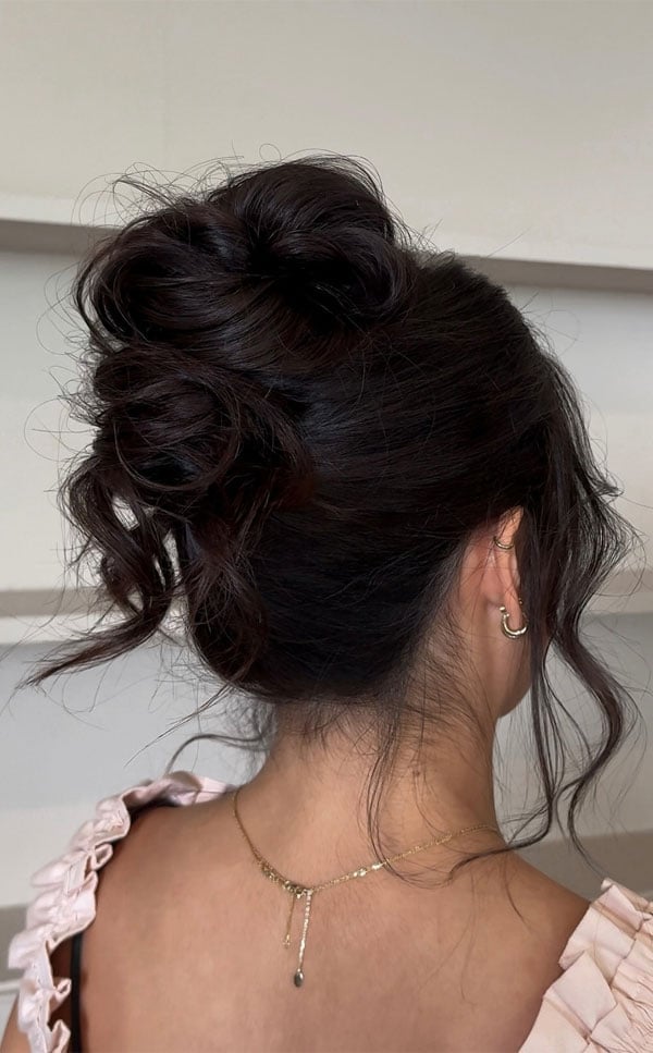 Messy High Bun Thick Wavy Dark Brown Hair Messy High Bun Thick Wavy Dark Brown Hair — Trendy High Bun Hairstyles