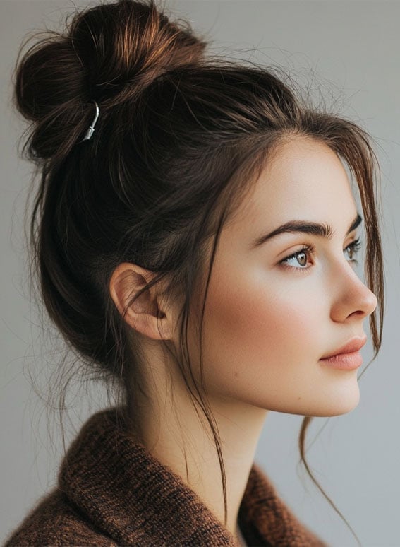 Messy Updo Dark Brown Face Framing Tendrils Messy Updo Dark Brown Face Framing Tendrils — Trendy High Bun Hairstyles