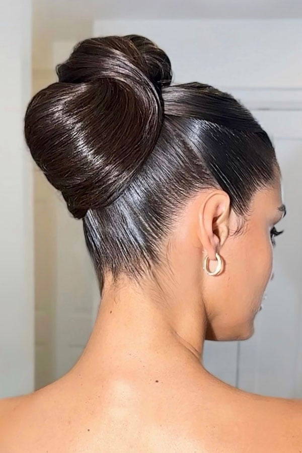 Sleek High Bun Mid-Back Length Straight Dark Brown Hair Sleek High Bun Mid-Back Length Straight Dark Brown Hair — Trendy High Bun Hairstyles