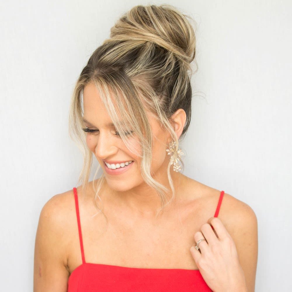 Messy Updo Dark Blonde Blonde Highlights Wispy Bangs, Long Messy Updo Dark Blonde Blonde Highlights Wispy Bangs, Long — Trendy High Bun Hairstyles