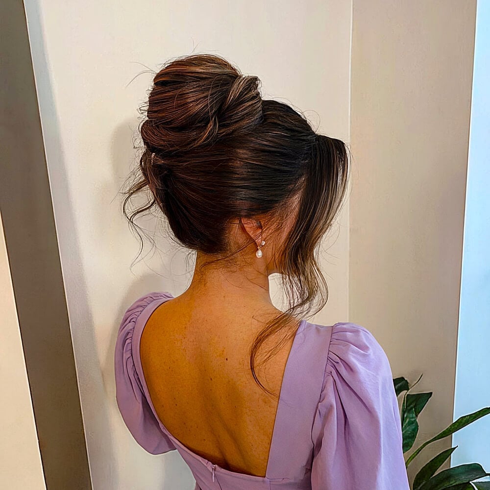 High Voluminous Bun Dark Brown Subtle Highlights, Mid-Back High Voluminous Bun Dark Brown Subtle Highlights, Mid-Back — Trendy High Bun Hairstyles