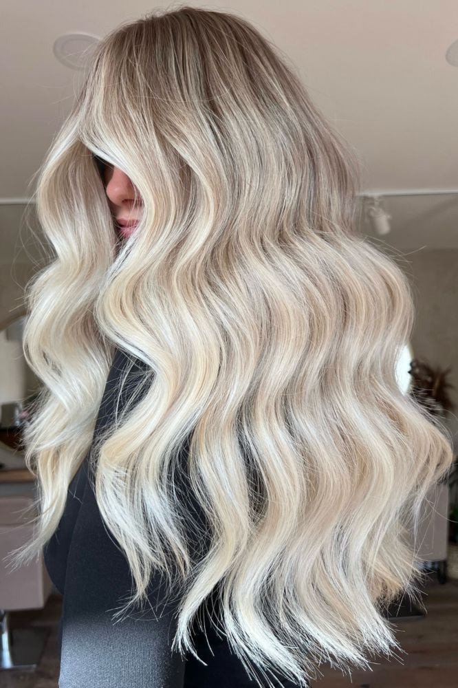 Mid-Back Ash Blonde With Lighter Blonde Highlights and Curtain Bangs — Trendy Highlights Hair