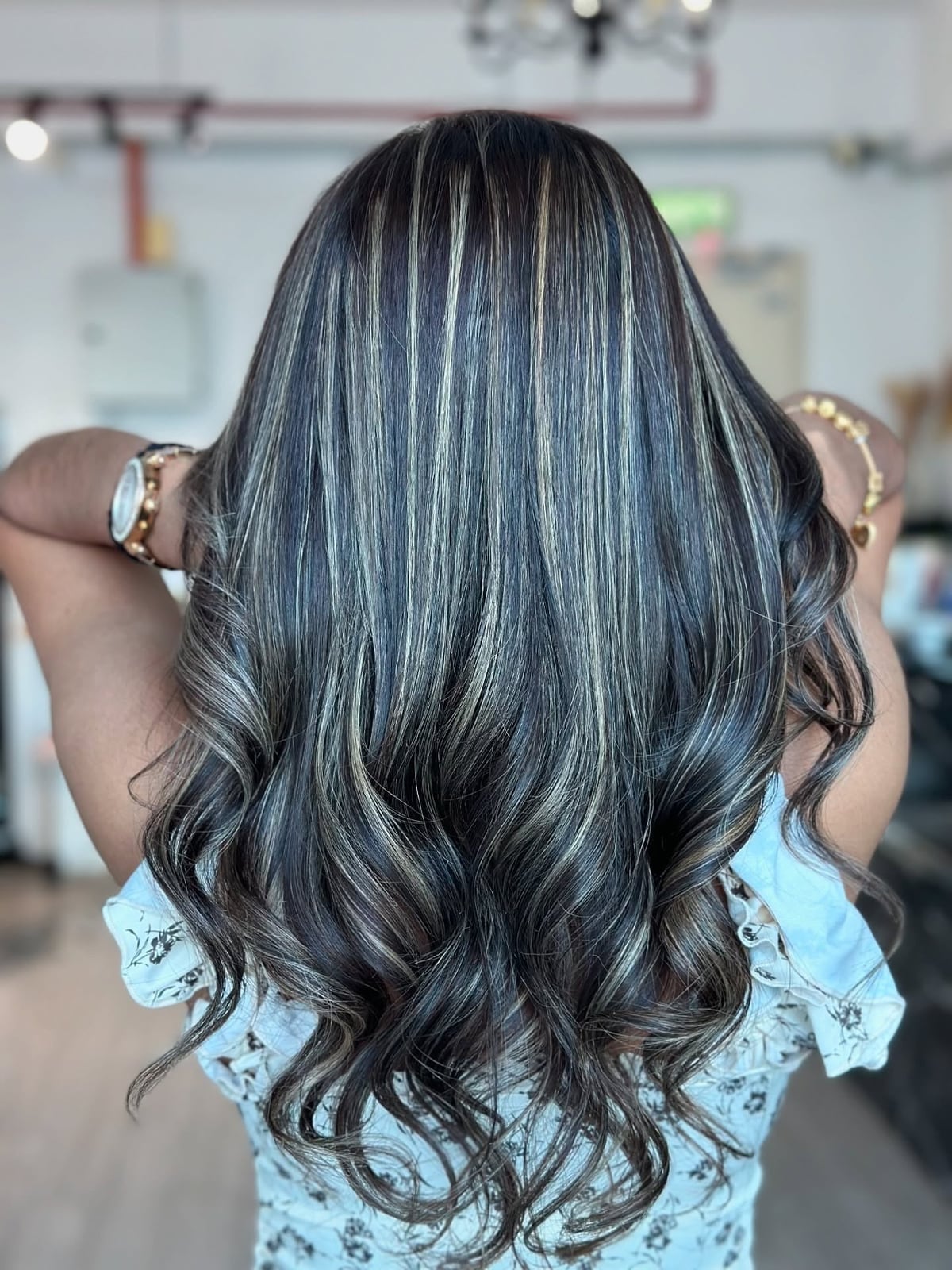 Mid-Back Dark Brown With Ash and Dark Blonde Highlights, Close-Up Take — Trendy Highlights Hair