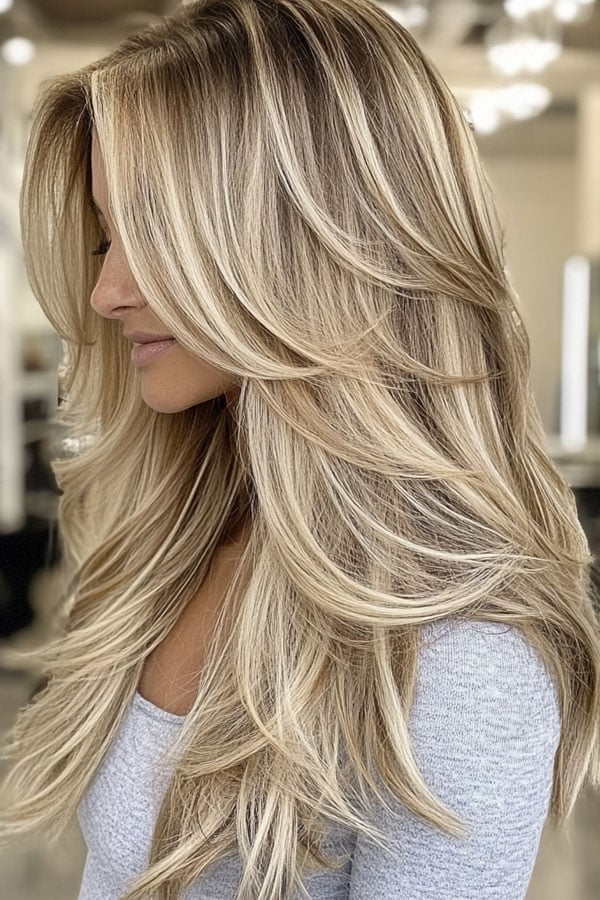 Mid-Back Waves With Honey and Platinum Blonde Highlights — Trendy Highlights Hair
