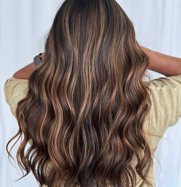 Mid-Back Dark Brown With Caramel and Copper Highlights — Trendy Highlights Hair
