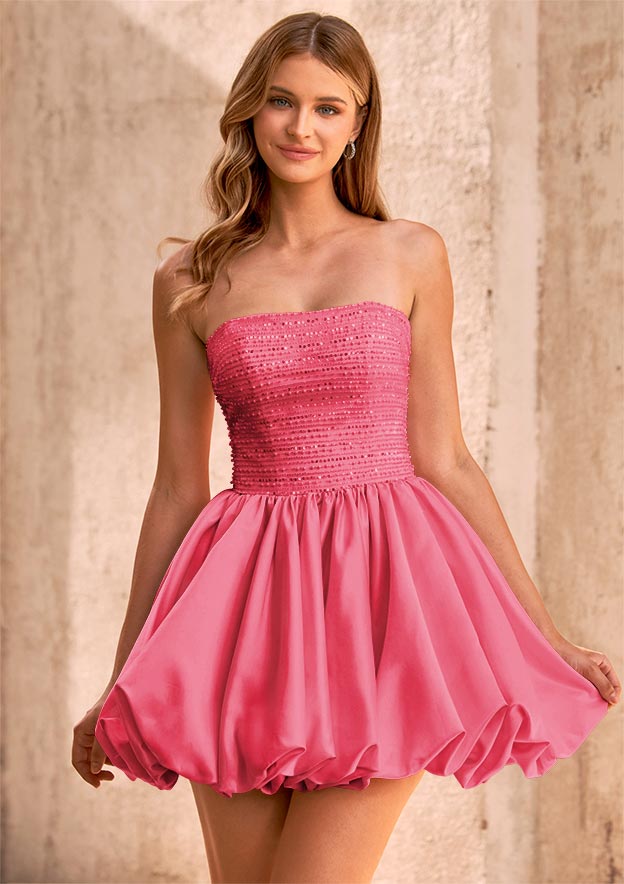 Hot Pink Strapless Mini Dress with Sequined Bodice and Bubble Hem Hot Pink Strapless Mini Dress with Sequined Bodice and Bubble Hem — Trendy Hot Pink Dress