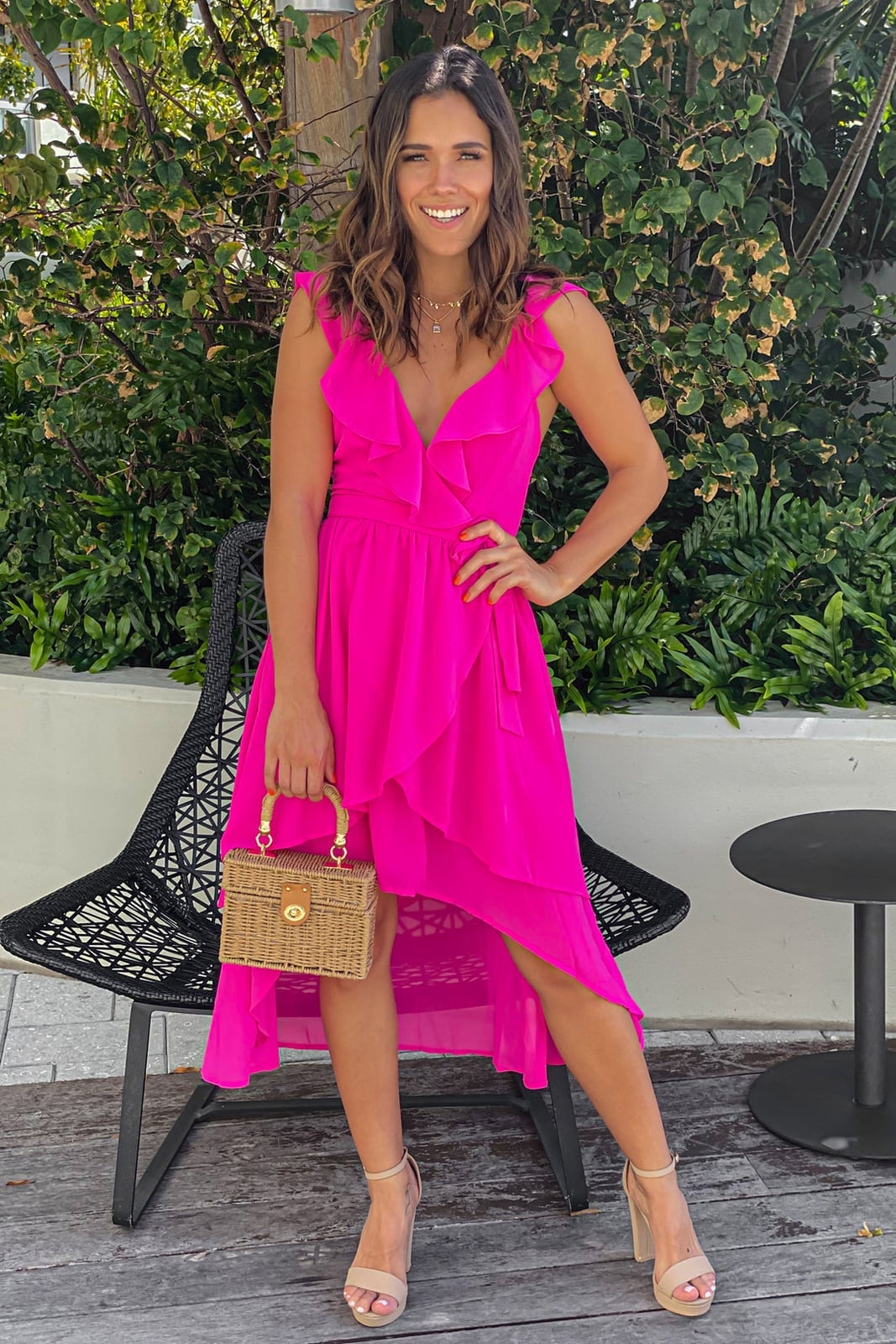 Hot Pink Ruffled High-Low Dress with V-neckline Hot Pink Ruffled High-Low Dress with V-neckline — Trendy Hot Pink Dress