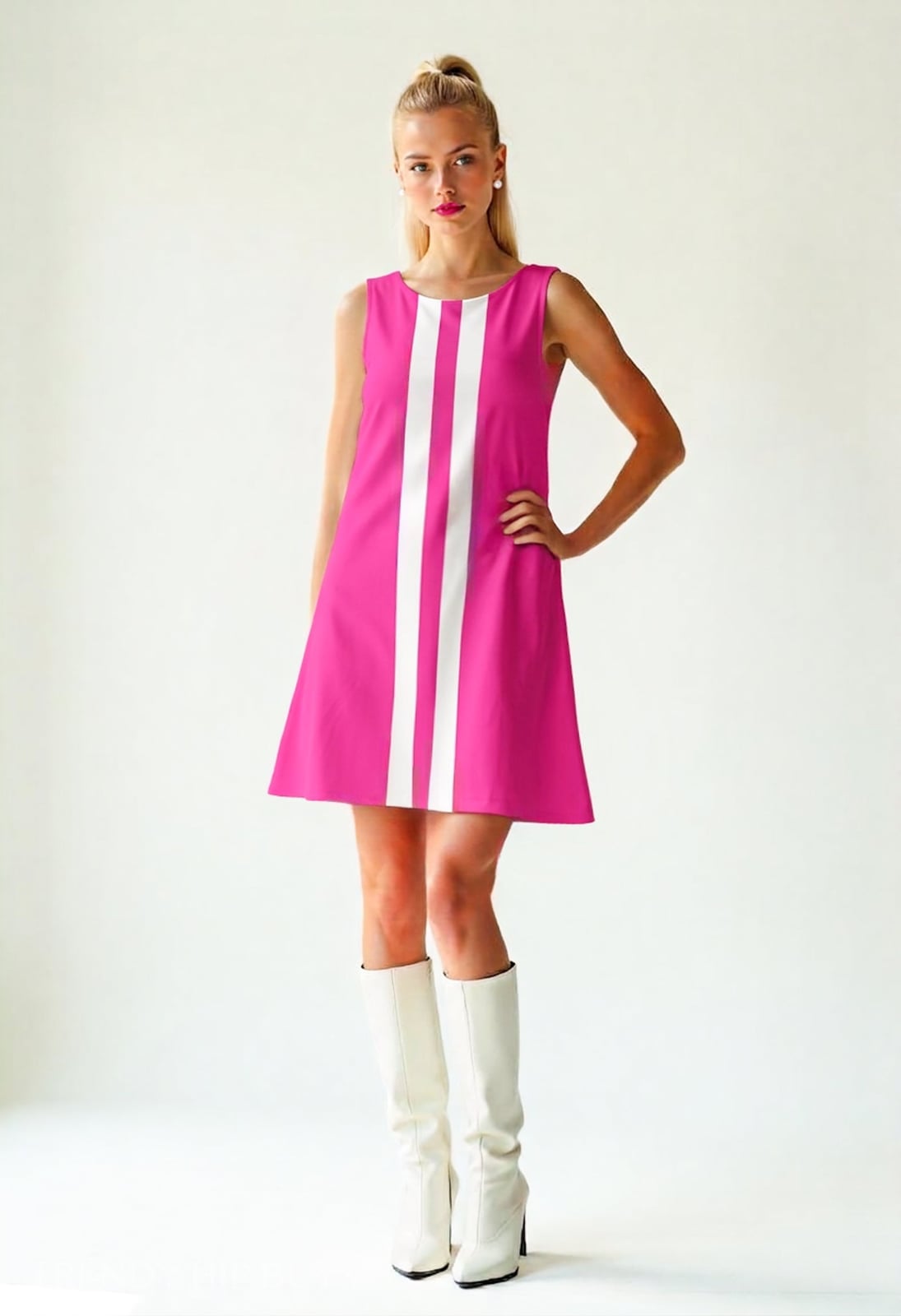 Hot Pink Sleeveless Mini Dress with White Stripes Hot Pink Sleeveless Mini Dress with White Stripes — Trendy Hot Pink Dress