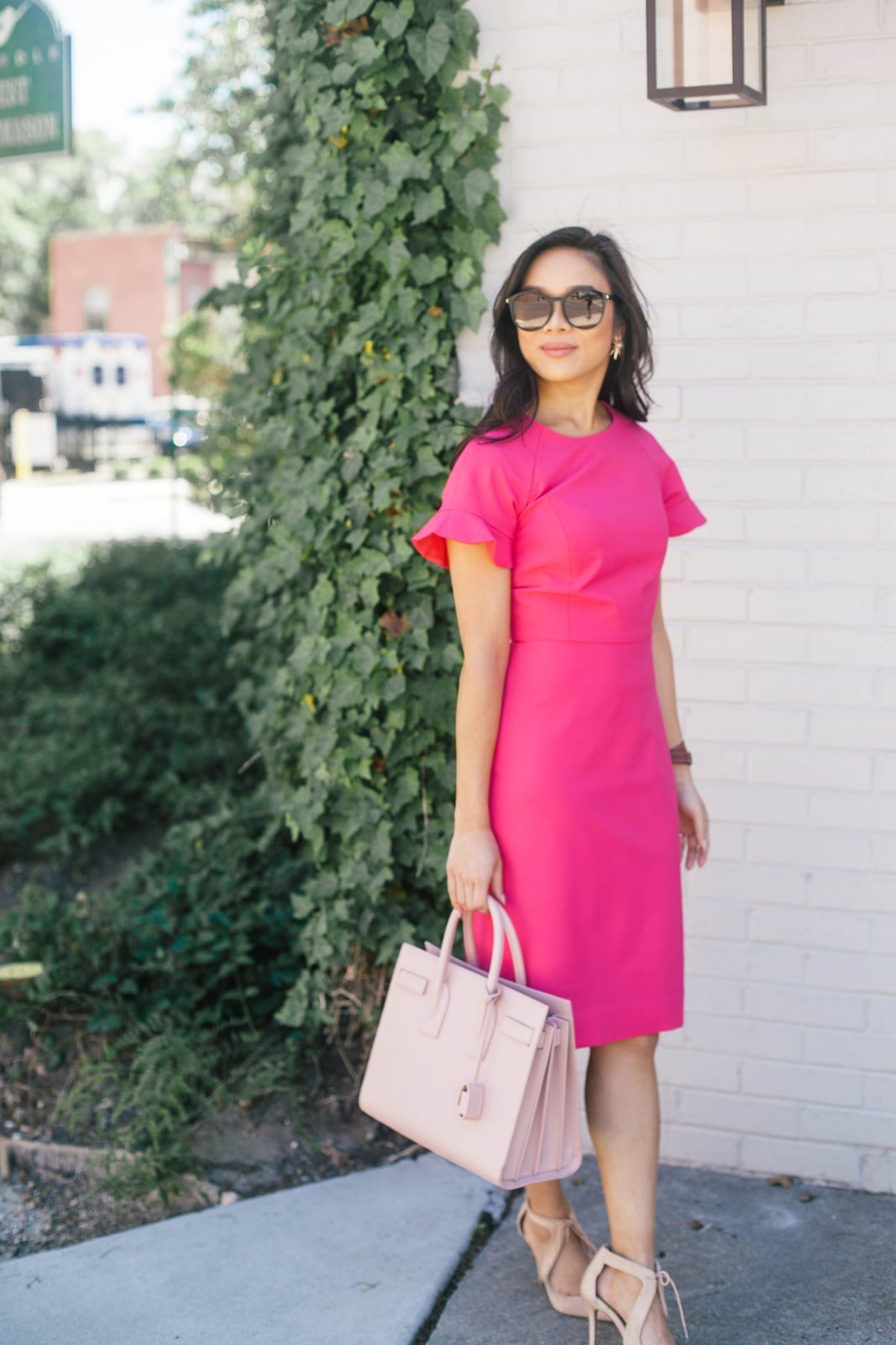 Hot Pink Knee-Length Dress with Ruffle Sleeves Hot Pink Knee-Length Dress with Ruffle Sleeves — Trendy Hot Pink Dress