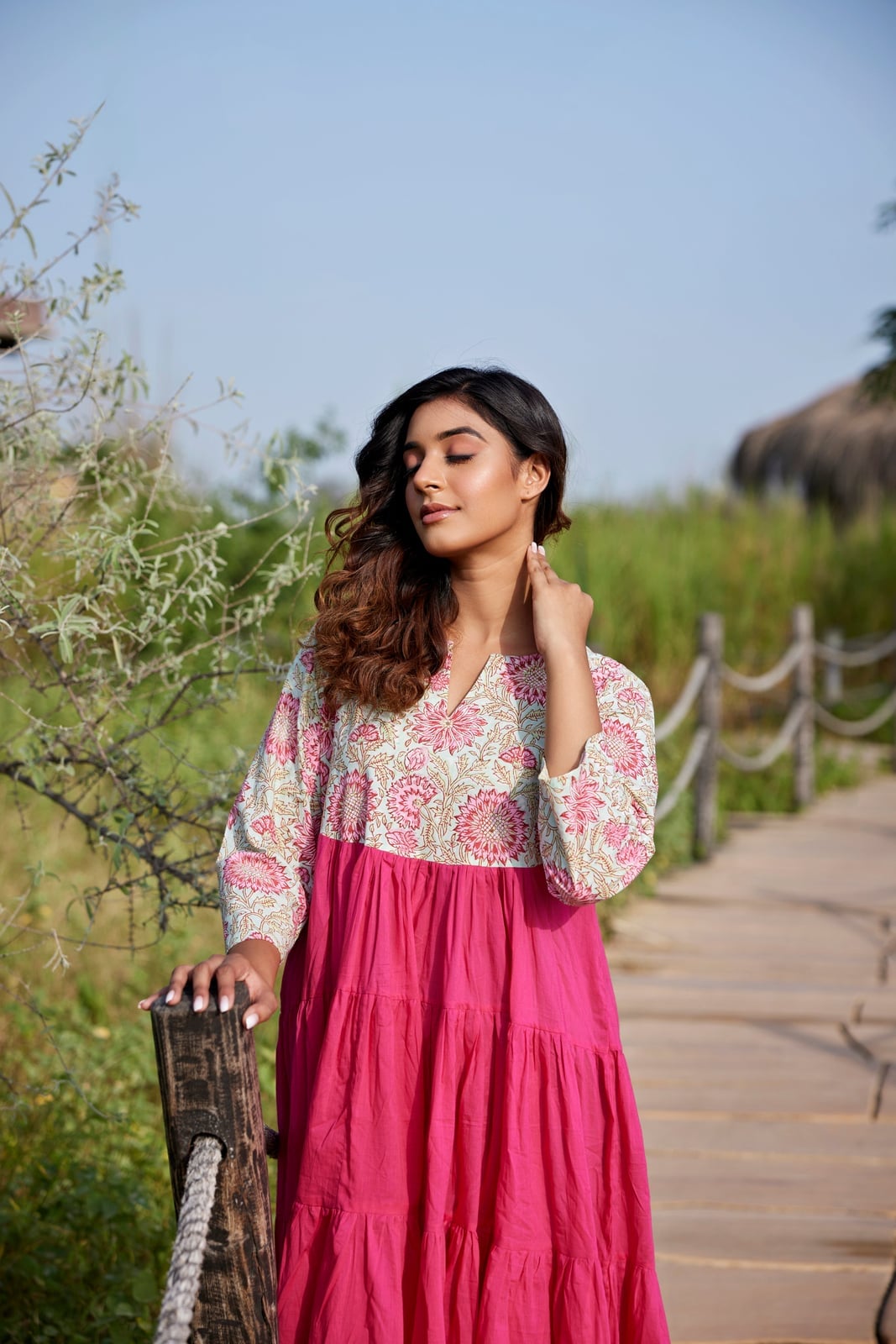 Hot Pink Tiered Cotton Dress with Floral Print Yoke Hot Pink Tiered Cotton Dress with Floral Print Yoke — Trendy Hot Pink Dress
