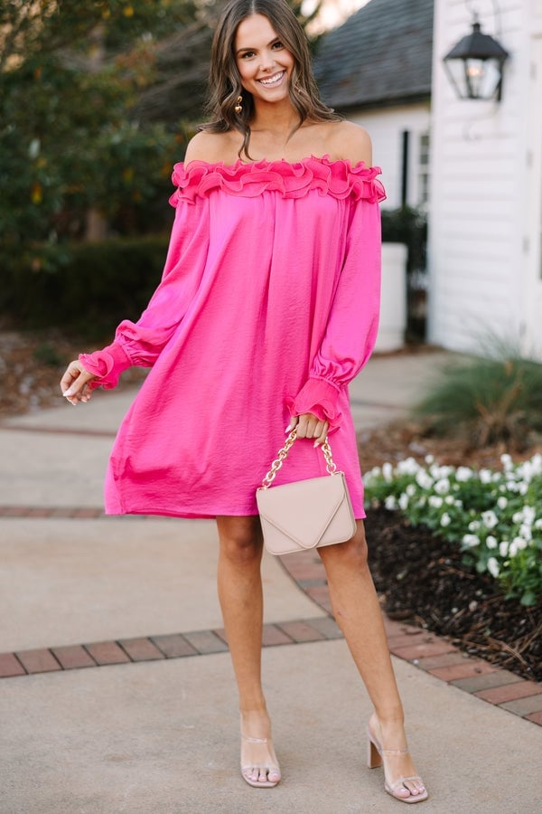Hot Pink Off-The-Shoulder Dress with Ruffles Hot Pink Off-The-Shoulder Dress with Ruffles — Trendy Hot Pink Dress