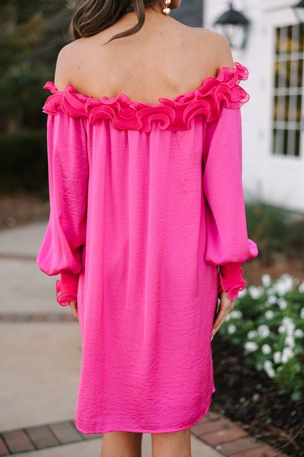 Hot Pink Shift Dress with Bubble Sleeves and Ruffled Neckline Hot Pink Shift Dress with Bubble Sleeves and Ruffled Neckline — Trendy Hot Pink Dress