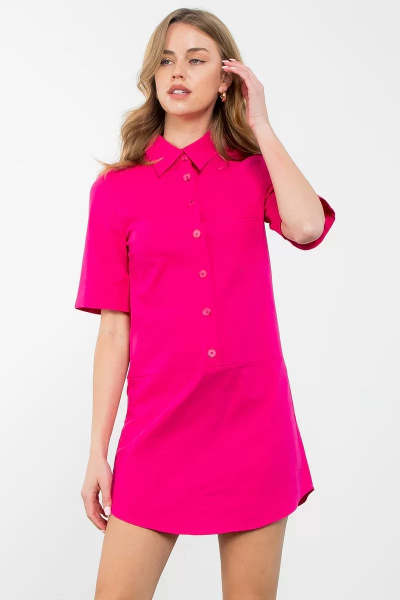 Hot Pink Shirt Dress with Chest Pocket and Button Front Hot Pink Shirt Dress with Chest Pocket and Button Front — Trendy Hot Pink Dress