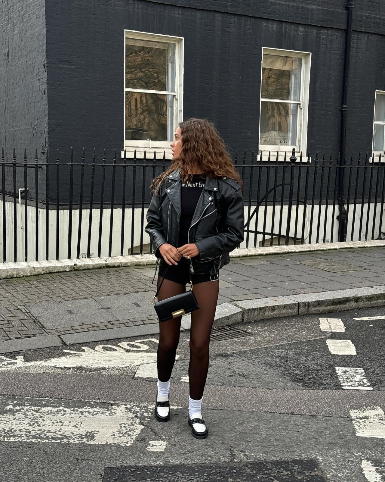 Leather Biker Jacket with Shorts Sheer Tights and Loafers Leather Biker Jacket with Shorts Sheer Tights and Loafers — Trendy Indie Outfits