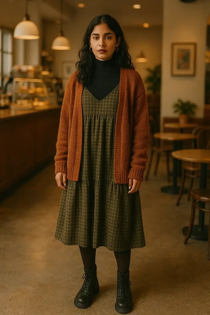 Layered Plaid Dress with Turtleneck and Oversized Cardigan Layered Plaid Dress with Turtleneck and Oversized Cardigan — Trendy Indie Outfits