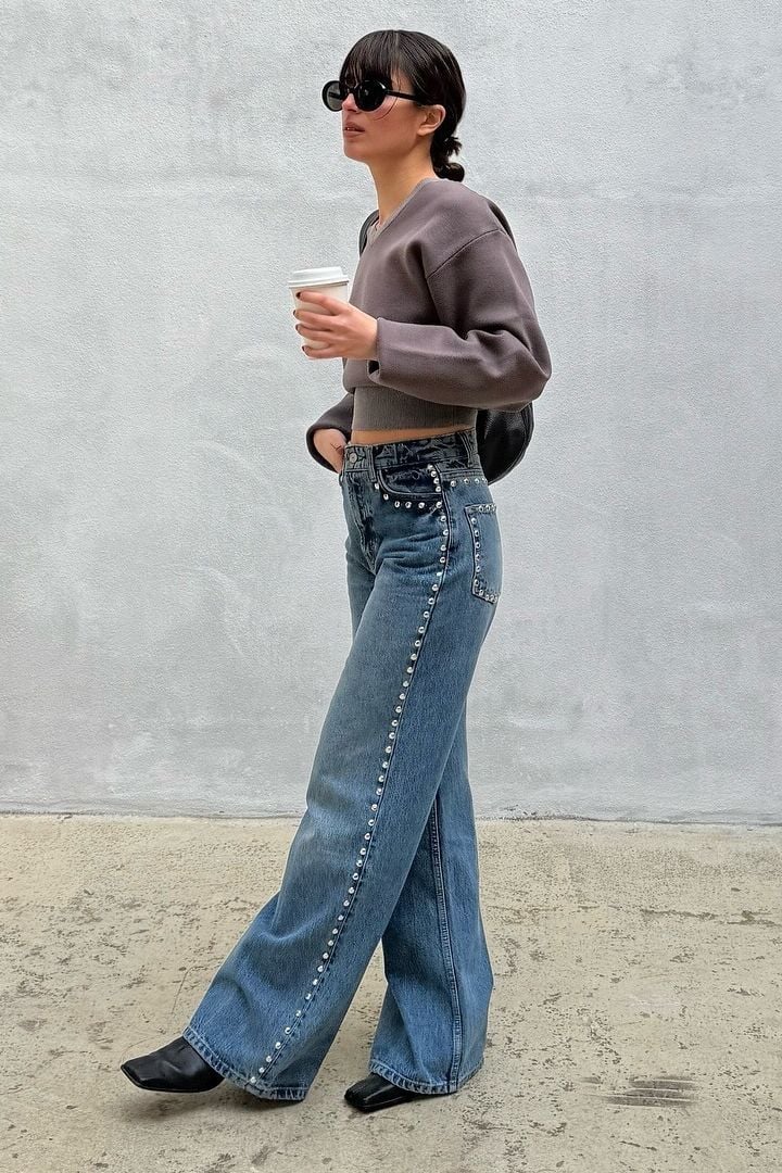 Studded Wide Leg Jeans with Cropped Knit Sweater Studded Wide Leg Jeans with Cropped Knit Sweater — Trendy Indie Outfits