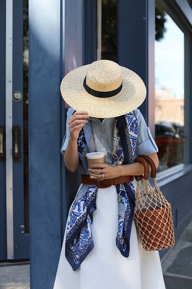 Striped Shirt With Patterned Scarf And Straw Hat Striped Shirt With Patterned Scarf And Straw Hat — Trendy Italian Outfits