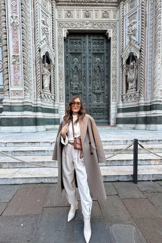 Beige Wool Blend Coat Over Cream Wide Leg Trousers Beige Wool Blend Coat Over Cream Wide Leg Trousers — Trendy Italian Outfits