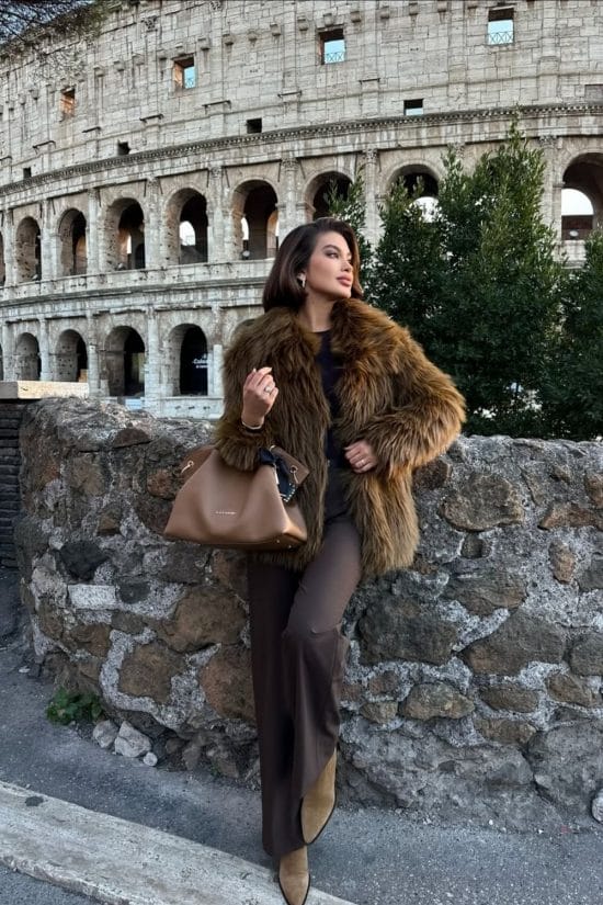 Furry Brown Long Coat Over Dark Top Furry Brown Long Coat Over Dark Top — Trendy Italy Outfits