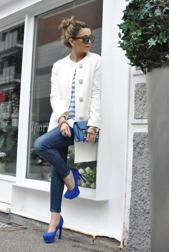 White Blazer Over Blue and White Striped Top White Blazer Over Blue and White Striped Top — Trendy Italy Outfits