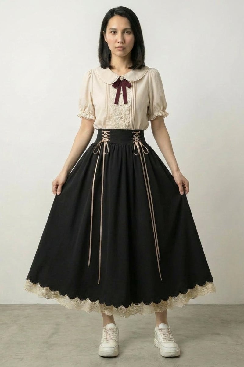 Puff-Sleeve Blouse With Corset Lacing Skirt — Trendy Japan Outfits