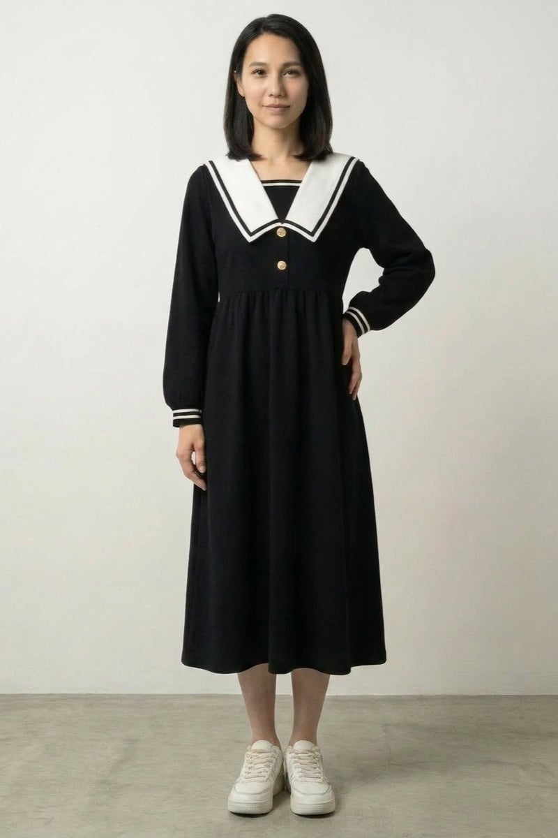 Black Sailor Collar Midi Dress With Sneakers — Trendy Japan Outfits