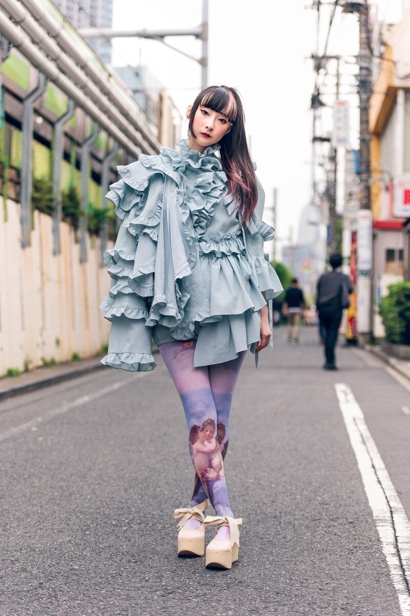 Light Blue Ruffled Jacket With Platform Heels — Trendy Japan Outfits