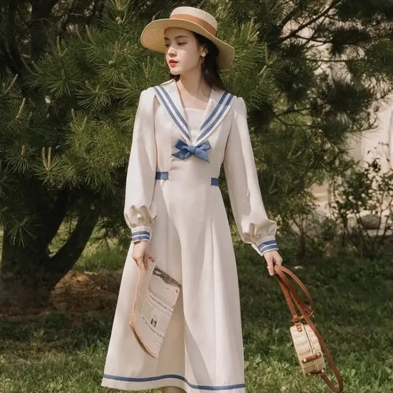 Sailor Collar Midi Dress With Straw Hat — Trendy Japan Outfits