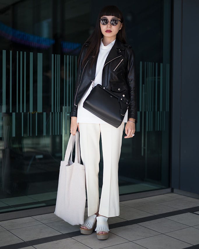 Biker Jacket With Wide-Leg Trousers And Tote — Trendy Japan Outfits
