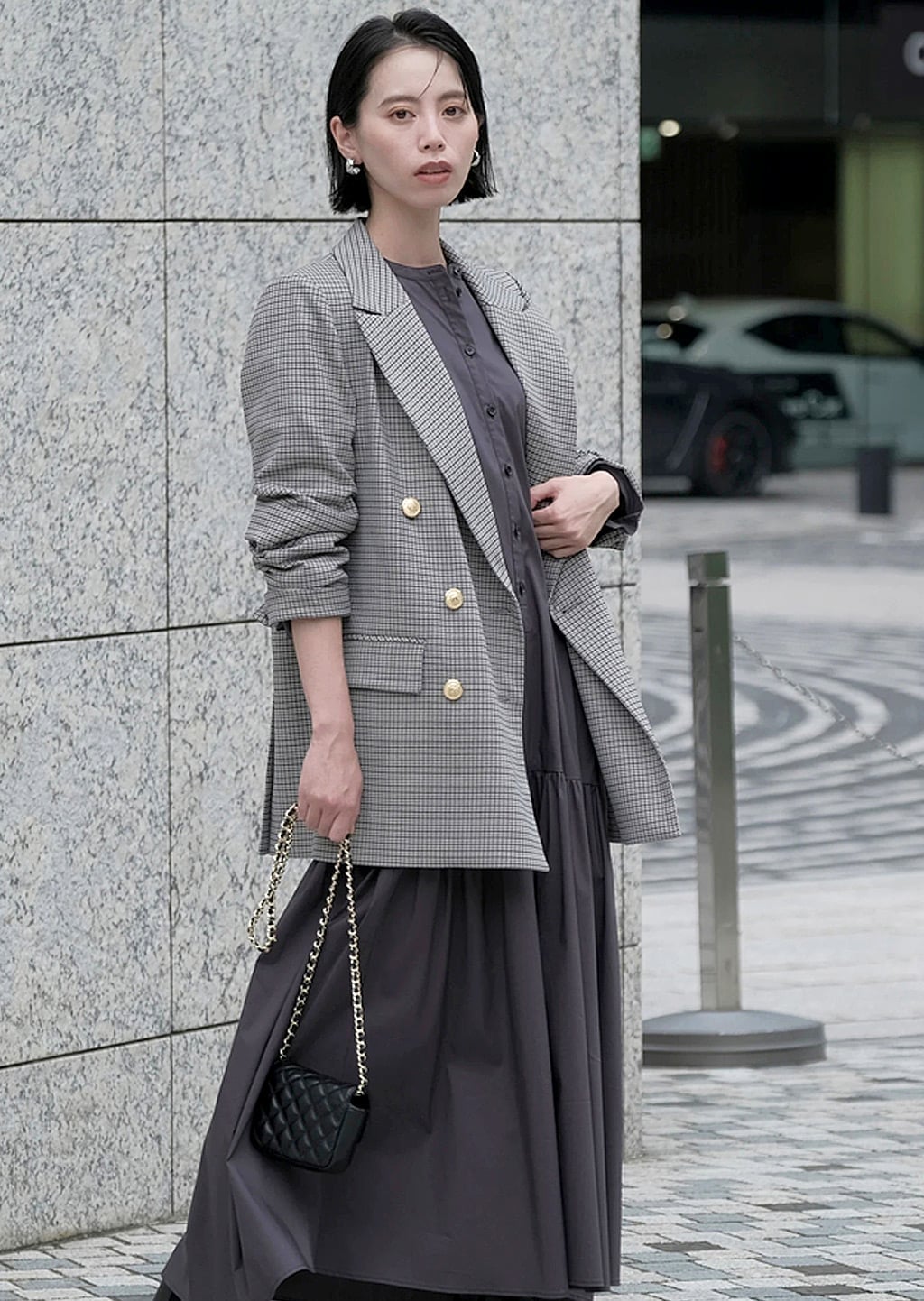 Gray Plaid Blazer Over Tiered Dress — Trendy Japan Outfits