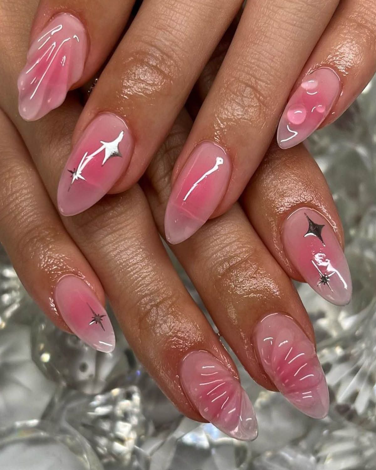 Long Stiletto Pink Jelly With Water Drops Long Stiletto Pink Jelly With Water Drops — Trendy Jelly Nails