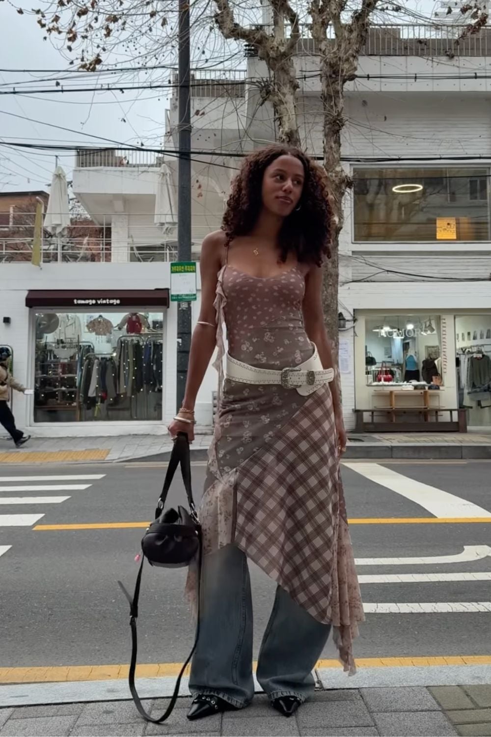 Layered Floral Slip Dress Over Plaid Skirt and Jeans Layered Floral Slip Dress Over Plaid Skirt and Jeans — Trendy K-pop Outfits