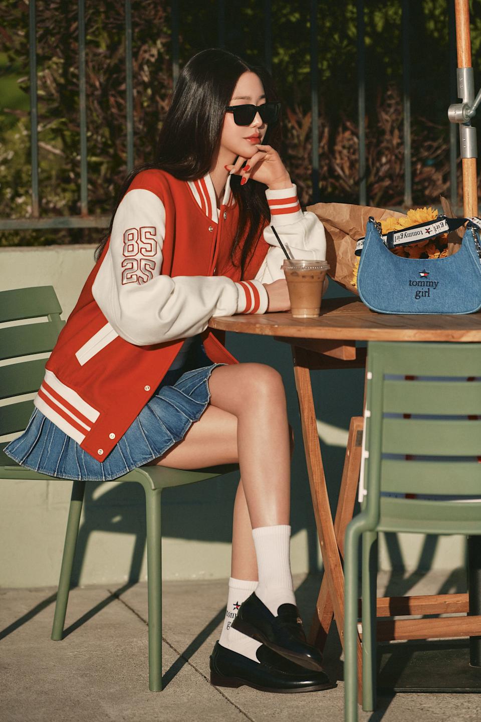 Varsity Jacket with Denim Mini Skirt Varsity Jacket with Denim Mini Skirt — Trendy K-pop Outfits