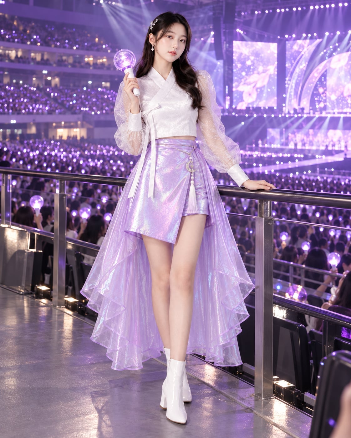 Iridescent Skirt and Sheer Sleeve Cropped Top Iridescent Skirt and Sheer Sleeve Cropped Top — Trendy K-pop Outfits