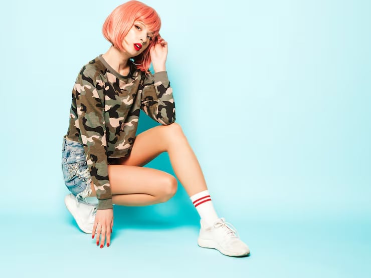 Camouflage Sweatshirt with Distressed Denim Shorts Camouflage Sweatshirt with Distressed Denim Shorts — Trendy K-pop Outfits