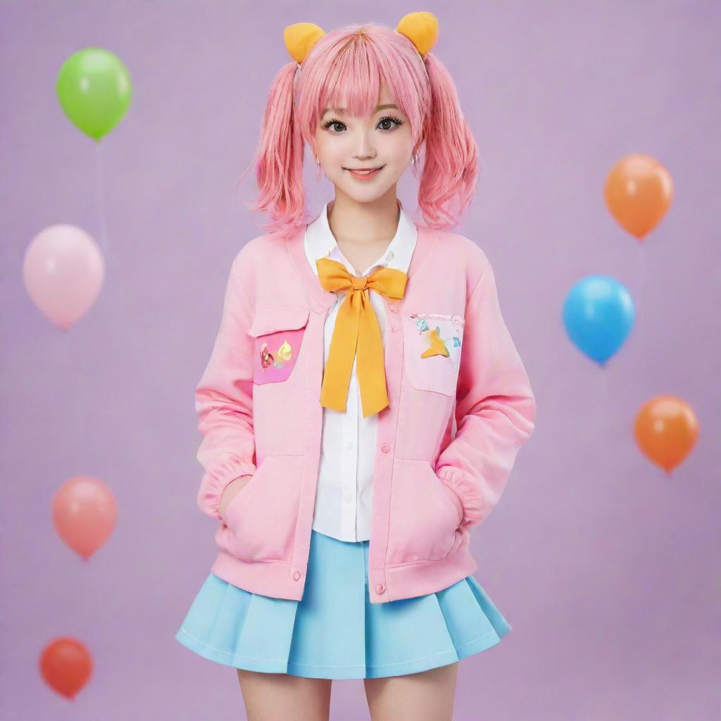 Pink Bomber Jacket With Pleated Skirt and Yellow Bow Tie Pink Bomber Jacket With Pleated Skirt and Yellow Bow Tie — Trendy Kawaii Outfits