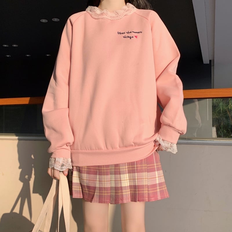 Pink Sweatshirt With Lace Trim And Plaid Skirt Pink Sweatshirt With Lace Trim And Plaid Skirt — Trendy Kawaii Outfits
