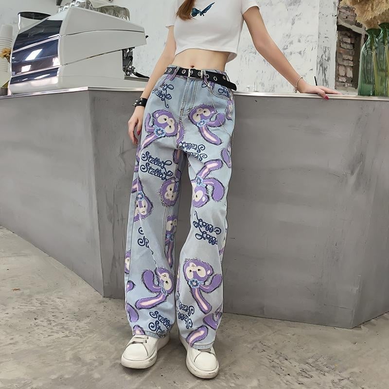 Light Blue Jeans With Purple Character Print Light Blue Jeans With Purple Character Print — Trendy Kawaii Outfits