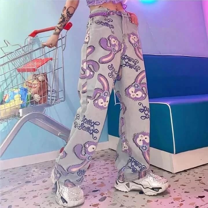 Purple Character Print Wide Leg Jeans Purple Character Print Wide Leg Jeans — Trendy Kawaii Outfits