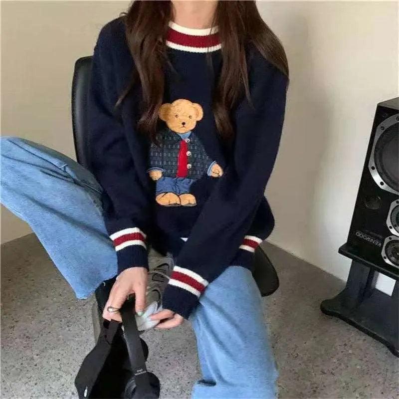 Navy Sweater With Teddy Bear Graphic Navy Sweater With Teddy Bear Graphic — Trendy Kawaii Outfits