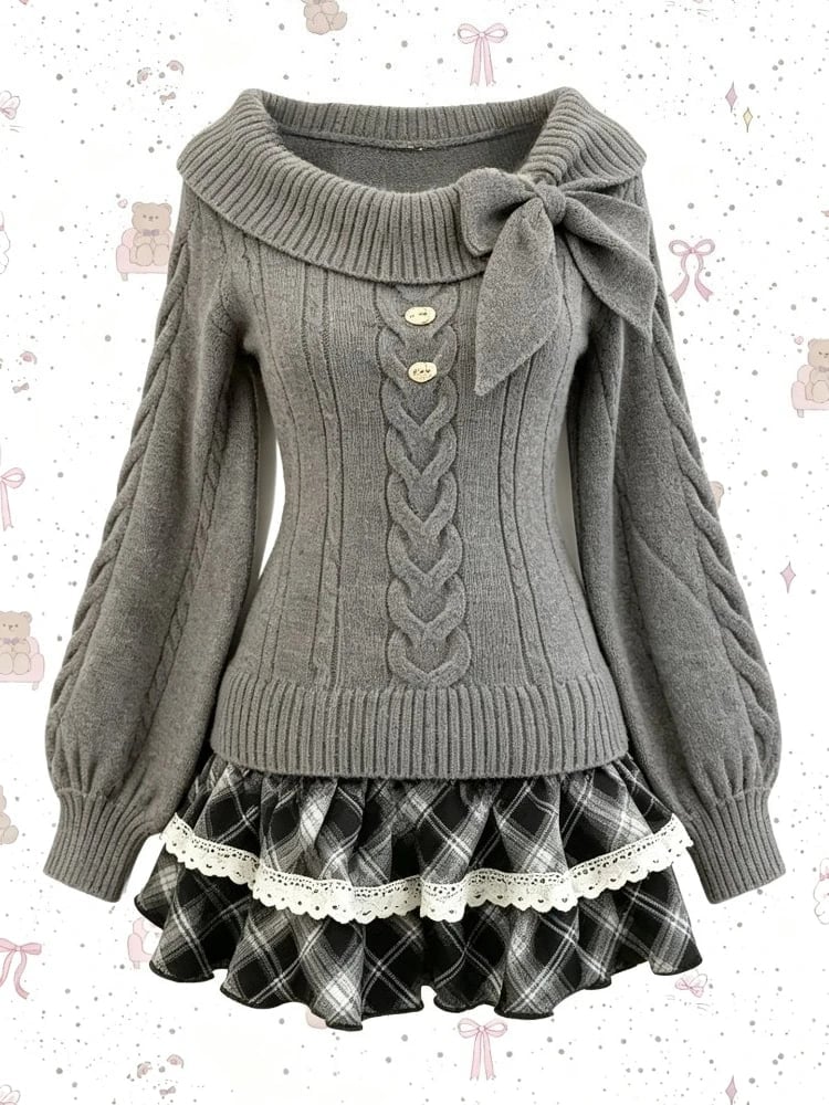 Gray Off-Shoulder Sweater With Lace Trim Skirt Gray Off-Shoulder Sweater With Lace Trim Skirt — Trendy Kawaii Outfits