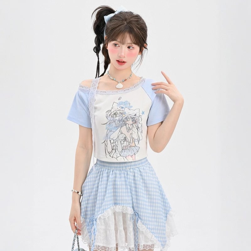 Pastel Blue Checkered Skirt With Graphic Tee and Off-Shoulder T-Shirt Pastel Blue Checkered Skirt With Graphic Tee and Off-Shoulder T-Shirt — Trendy Kawaii Outfits