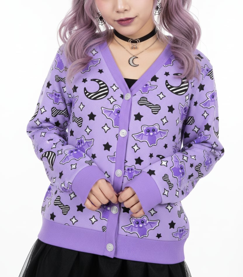 Purple Bat Print Cardigan With Choker, Close-Up Take Purple Bat Print Cardigan With Choker, Close-Up Take — Trendy Kawaii Outfits